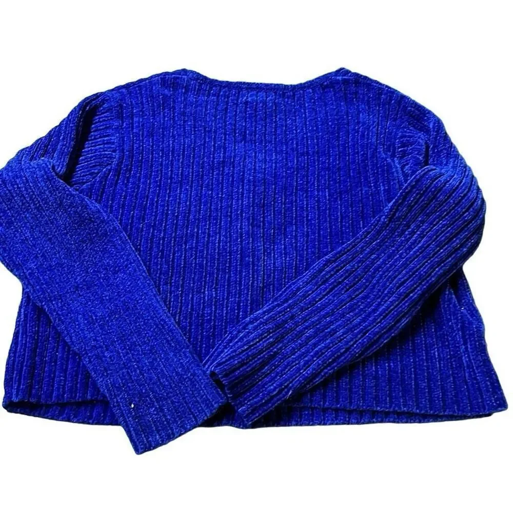 Moda Int'l Women's Blue Button Front Cropped Ribbed Cardigan Sweater Large